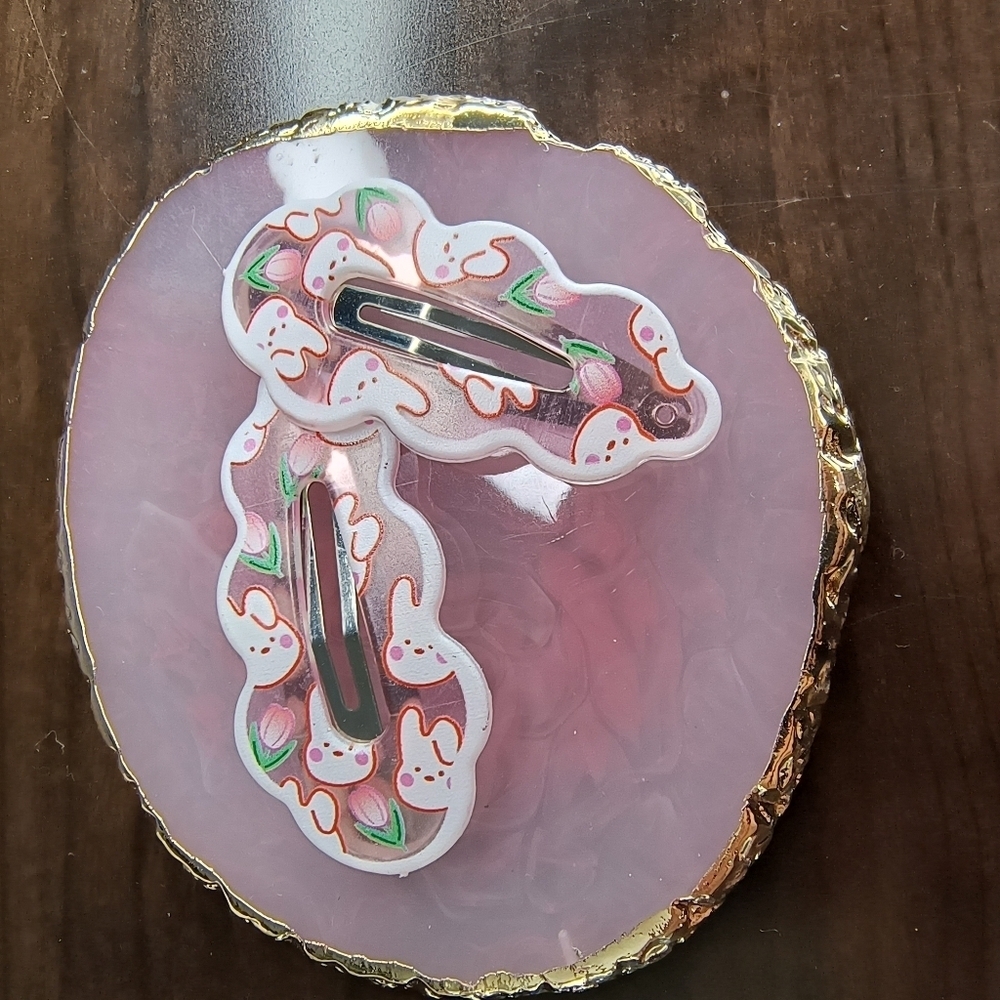 Women’s Jewelry Unique and Cute Pink Bunny Hair Clips with little roses - Picture 3 of 3